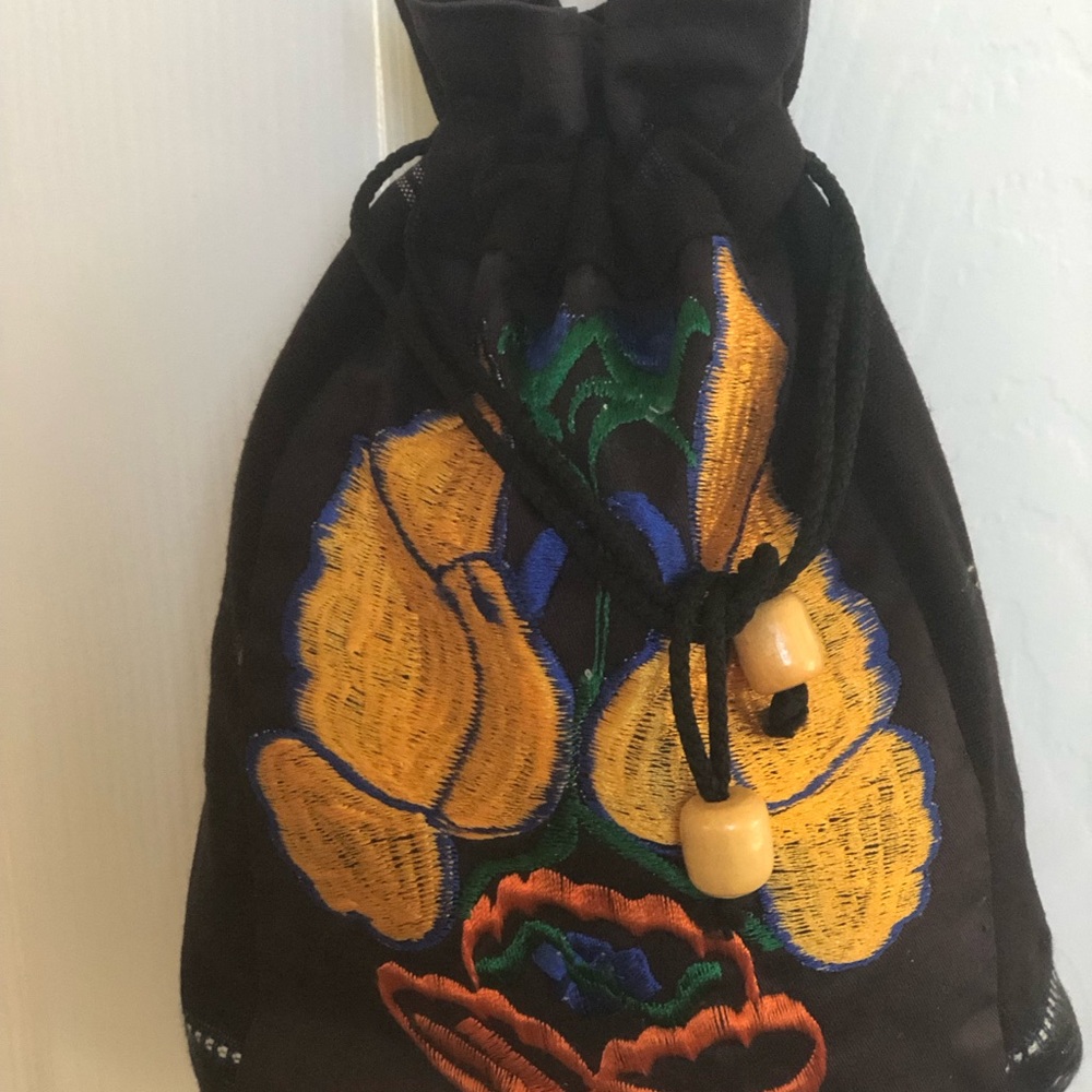 Embroidered Black and Yellow Women's Cloth Bag Handmade Pull Cord Closure